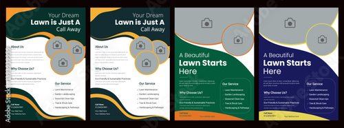 Lawn mower landscaping garden service flyer brochure cover template. Tree and gardening service poster leaflet design. lawnmower flyer template.