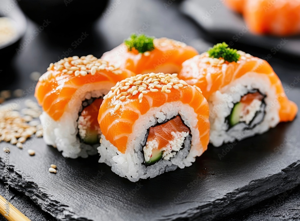 Delicious Salmon Sushi Rolls with Sesame Seeds on Black Plate Delicious Salmon Sushi Rolls with Sesame Seeds on Black Plate