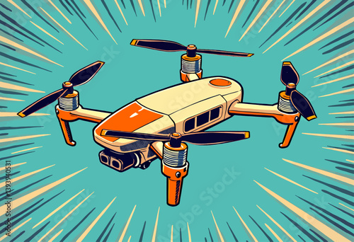 Cartoon drone with camera on teal burst background