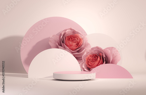 3D podium display, pastel pink background with rose flowers. Peonies flower and palm leaf shadow. Minimal pedestal for beauty, cosmetic product. Valentine, feminine copy space template 3d render	
