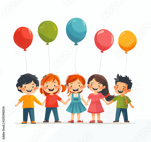 Cartoon children holding hands with colorful balloons above them