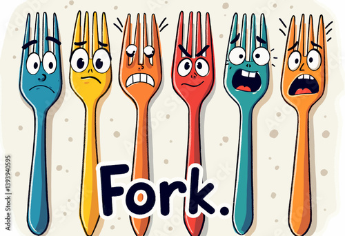 Cartoon Forks Expressing Emotions, Colorful Utensils