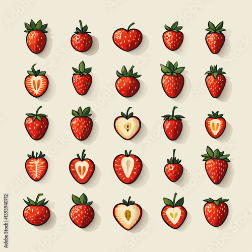 Cartoon Strawberry Pattern with Halved Heart Shapes