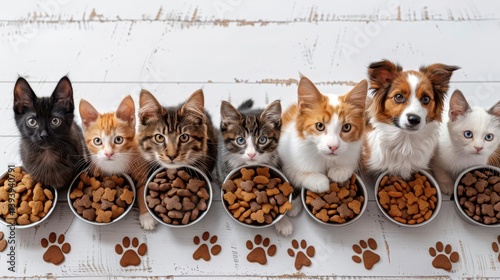 A row of pets enjoying their meals from bowls on a wooden surface.