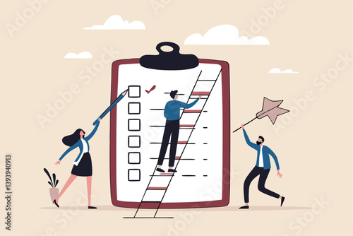 Finishing todo list, work checklist or accomplishment, project management, teamwork to get work done, complete plan concept, businessman coworkers help put checkmark on checkbox task list clipboard.