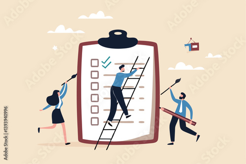 Finishing todo list, work checklist or accomplishment, project management, teamwork to get work done, complete plan concept, businessman coworkers help put checkmark on checkbox task list clipboard.