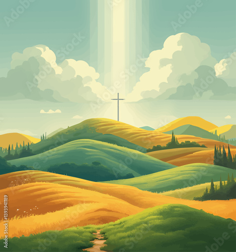 Cross on Hillside with Light Rays and Clouds