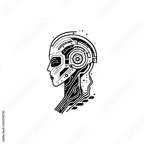 Stylized digital rendering showcases an abstract cyborg head design in black and white
