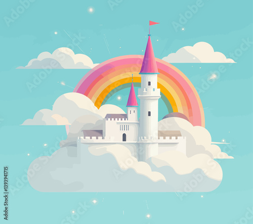 Fantasy castle in clouds with rainbow on blue background