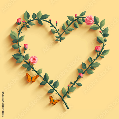 Floral Heart with Butterflies on Yellow