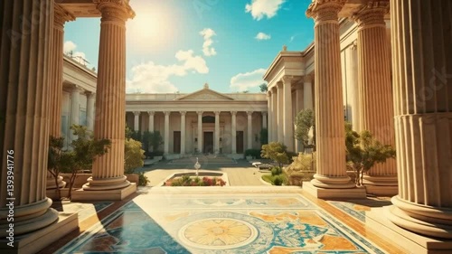 Ancient Roman Architecture Featuring Majestic Columns and Grand Terrace Under Golden Light