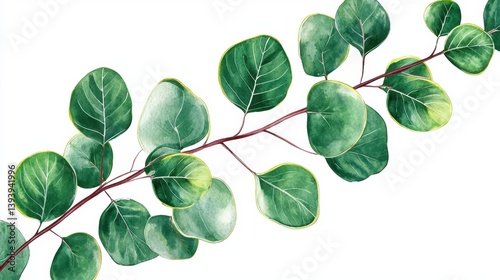 Elegant Green Eucalyptus Branch with Vibrant Leaves on White Background