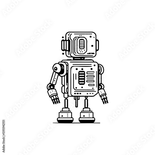 Minimalist robot character illustration with detailed outlines on a white background