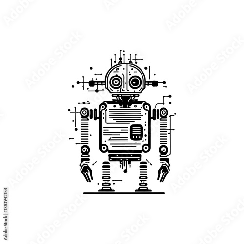 Stylized robot illustration with mechanical and digital elements fusing together