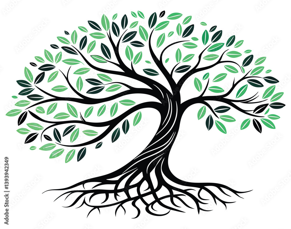 Obraz premium Elegant Tree of Life Design – Nature-Inspired Art, Whimsical Roots and Leaves Illustration, Perfect for Tattoos, Logos, and Decor