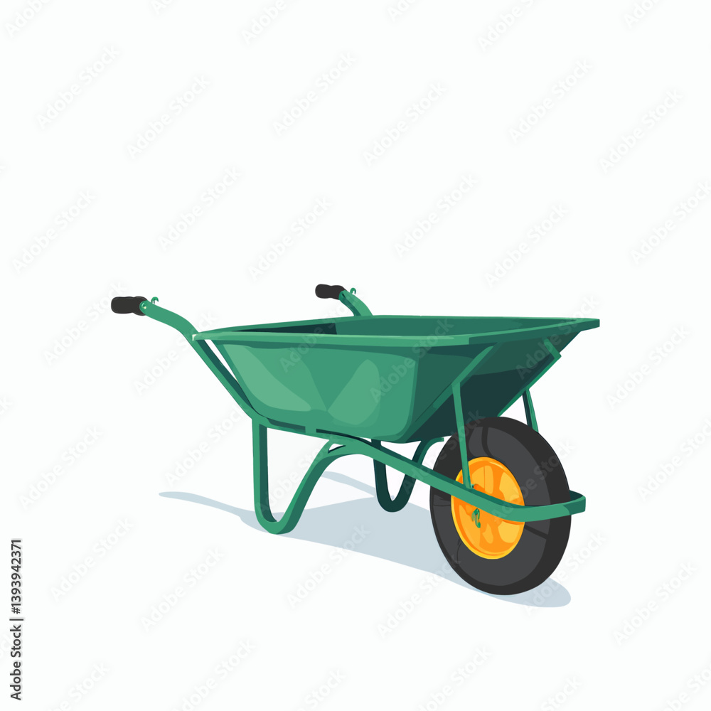 Green wheelbarrow with yellow wheel on white Green wheelbarrow with yellow wheel on white