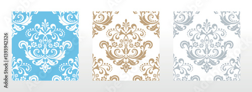 : Wallpapers in the style of Baroque. Seamless vector backgrounds. Set of colored floral ornaments. Graphic patterns for fabric, wallpaper, packaging. Ornate Damask flower ornaments