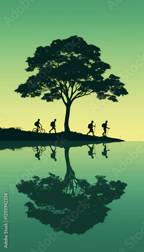 Green Silhouette: Hikers, Cyclist, Tree Reflected in Water