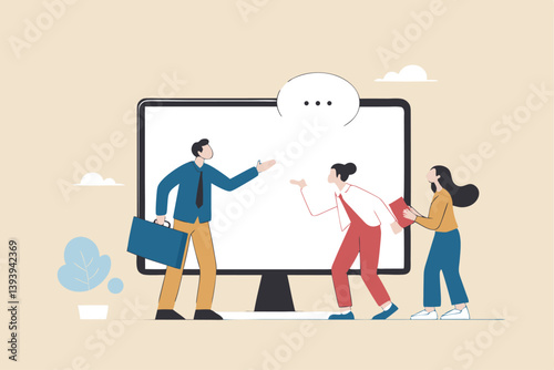 Online consultant, manager giving advice on remote work, online conference or communicate with team via internet concept, businessman manager giving advice from computer monitor to team members.