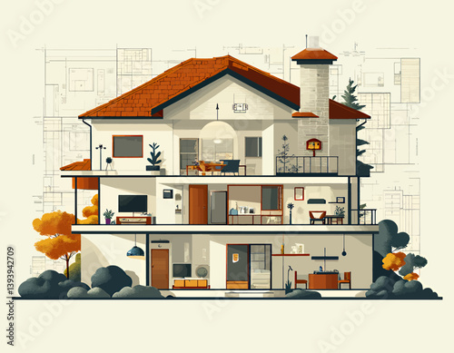 House Cutaway with Interior Design and Architectural Plans