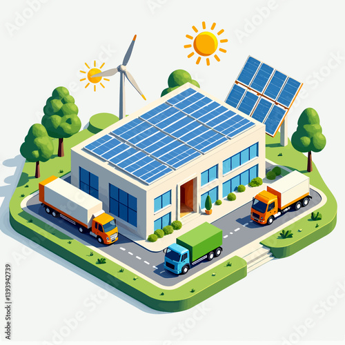 Isometric solar panel building with trucks and wind turbine