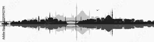 Istanbul Skyline Silhouette with Reflection and Bird in Flight