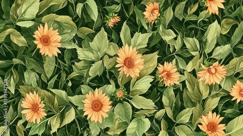Vibrant Sunflowers Surrounded by Lush Green Foliage in Nature