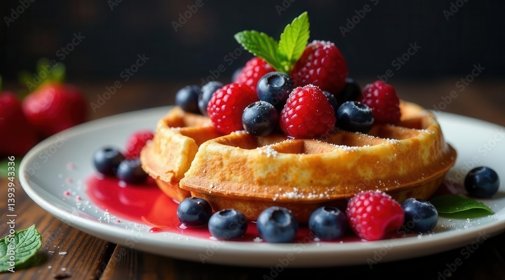 A delightful waffle topped with fresh raspberries and blueberries, drizzled with a luscious berry sauce, a perfect sweet treat for breakfast or brunch A delightful waffle topped with fresh raspberries and blueberries, drizzled with a luscious berry sauce, a perfect sweet treat for breakfast or brunch