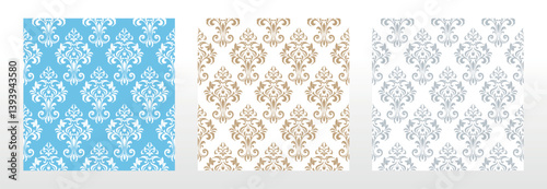 : Wallpapers in the style of Baroque. Seamless vector backgrounds. Set of colored floral ornaments. Graphic patterns for fabric, wallpaper, packaging. Ornate Damask flower ornaments