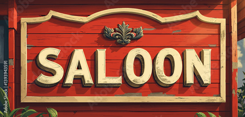 Red Wooden Saloon Sign with Fleur-de-lis Detail