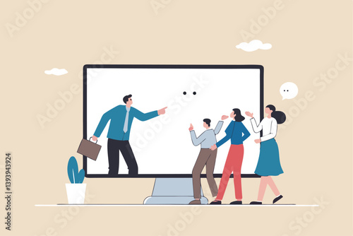 Online consultant, manager giving advice on remote work, online conference or communicate with team via internet concept, businessman manager giving advice from computer monitor to team members.