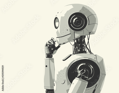 Thinking Robot with Teal Eye and Hand to Chin