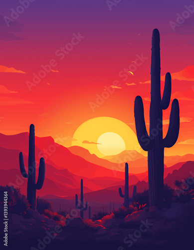 Vibrant Arizona desert sunset with saguaro cacti