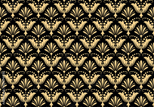 Wallpaper in the style of Baroque. Seamless vector background. Golden and black floral ornament. Graphic pattern for fabric, wallpaper, packaging. Ornate Damask flower ornament