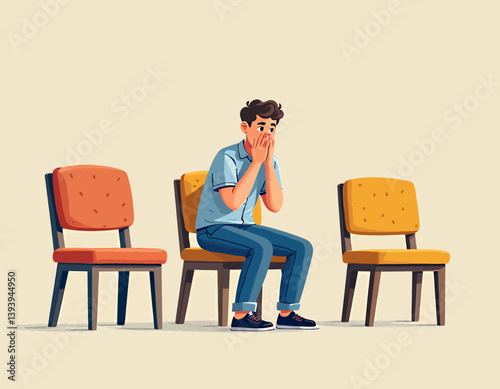 Worried man sits between empty chairs, hands covering face