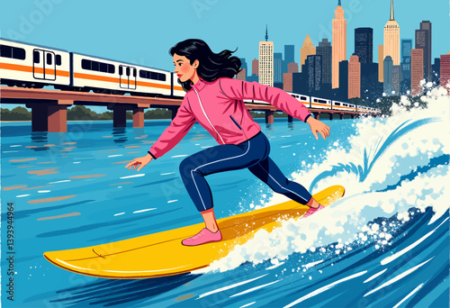 Woman Surfing with NYC Skyline and Train Bridge