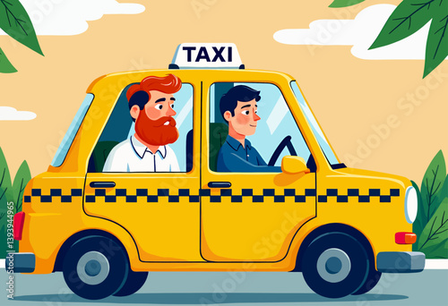 Yellow Taxi Cab with Driver and Red-Bearded Passenger