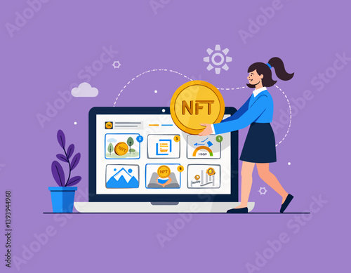 Woman with NFT coin and laptop on purple background