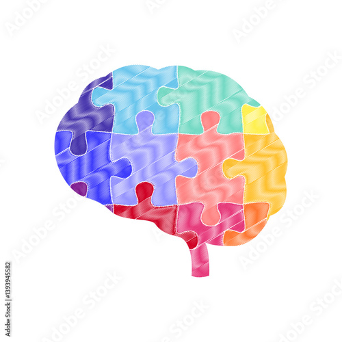 Hand drawn colorful puzzle brain. Puzzle piece illustration. World Neurodiversity Day
