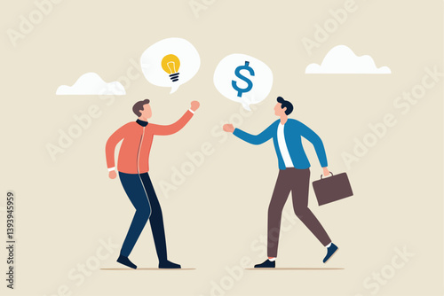 Venture capital, project pitching for funding or VC investment, selling idea for money or angel investment for startup project concept, young entrepreneur pitching idea to raise venture capital fund.