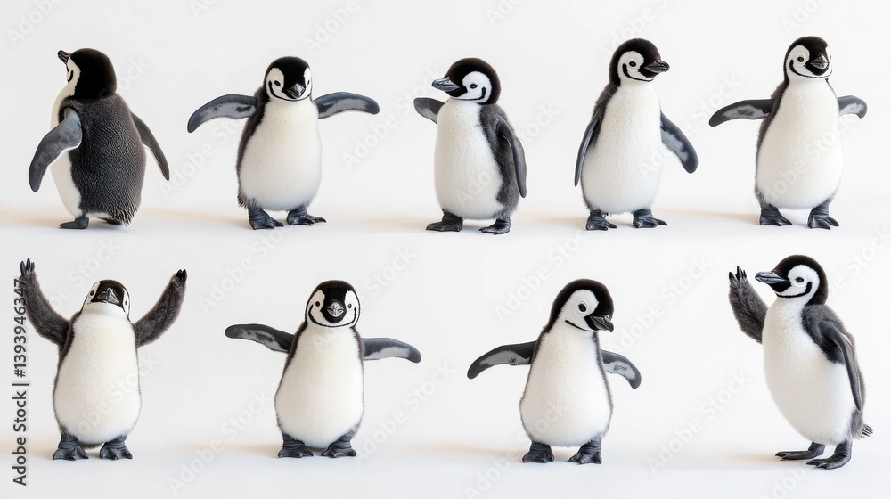 Obraz premium A series of penguins arranged in various adorable poses, each with distinct facial expressions and body language, set against a soft white background.