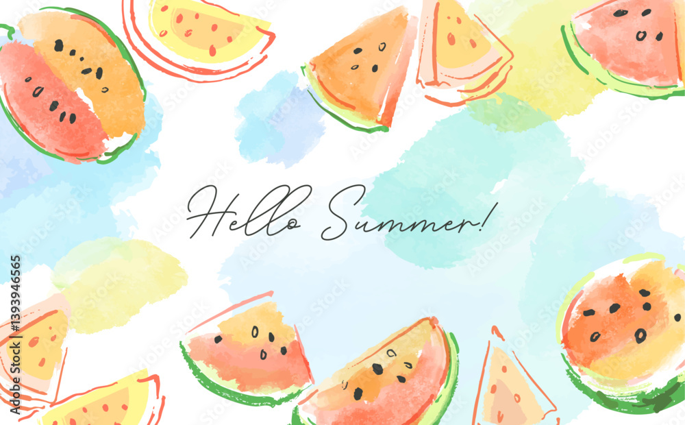Hand-drawn pastel-style watermelon summer vector background. A frame of summer fruits. Hand-drawn pastel-style watermelon summer vector background. A frame of summer fruits.
