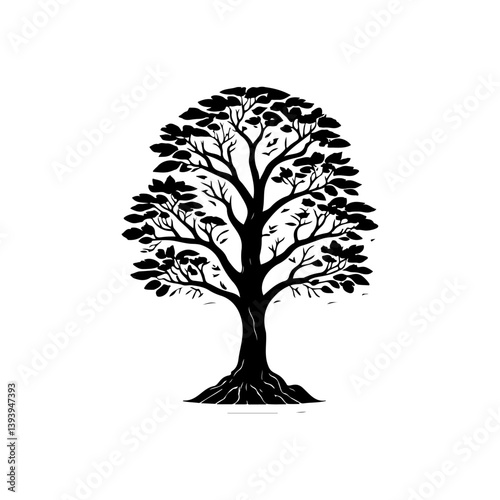 Solitary silhouette of a broadleaf tree presenting its grand canopy against a clean background