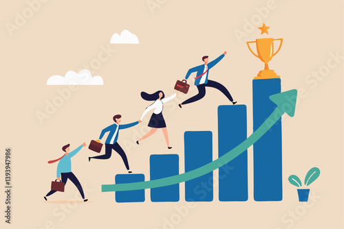 Growth to success, team achievement or teamwork to achieve target, career development or business strategy to win or victory, growing business concept, business people running up graph to trophy.
