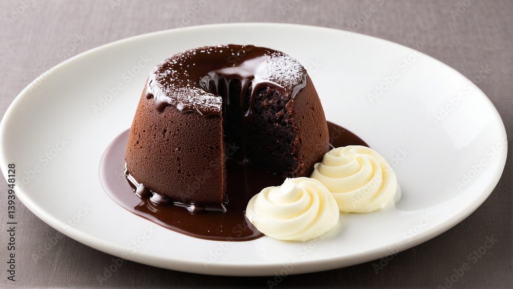 Decadent Chocolate Lava Cake Delight: A Rich, Fudgy Dessert Served with Delicate Cream Swirls on a White Plate. Decadent Chocolate Lava Cake Delight: A Rich, Fudgy Dessert Served with Delicate Cream Swirls on a White Plate.