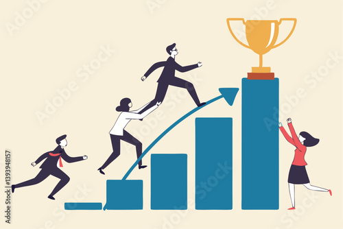 Growth to success, team achievement or teamwork to achieve target, career development or business strategy to win or victory, growing business concept, business people running up graph to trophy.