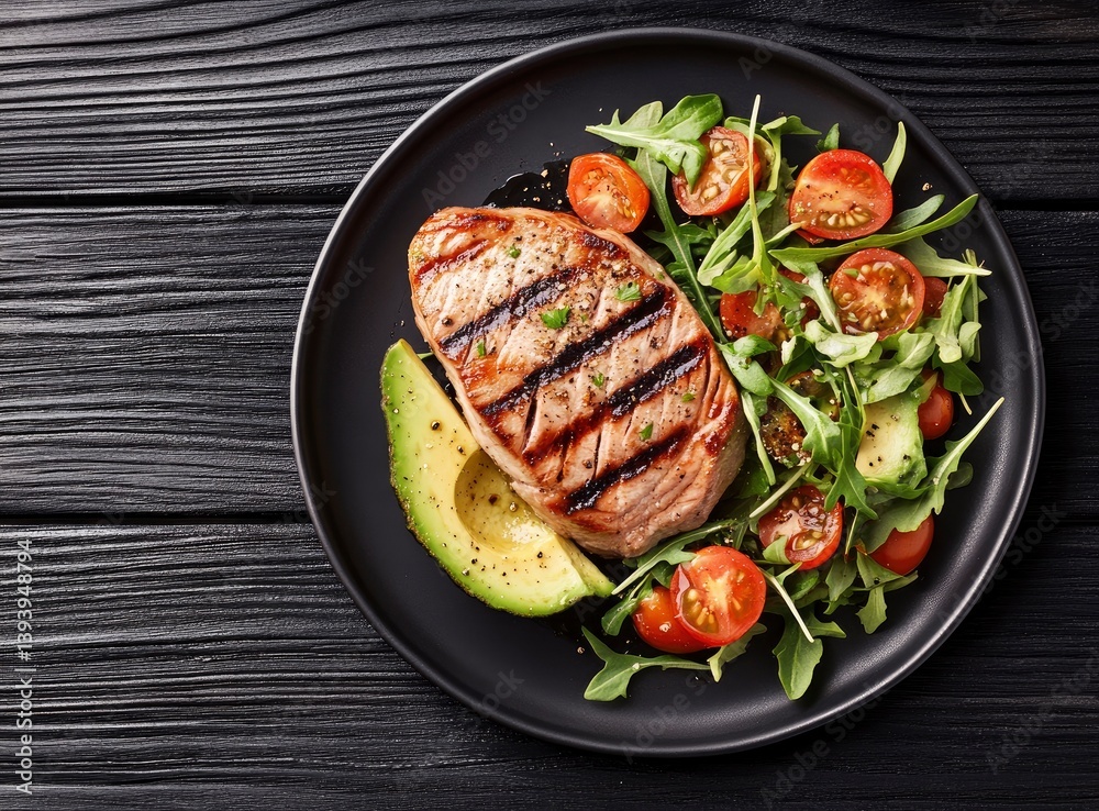 Grilled Tuna Steak with Avocado and Salad on Dark Plate Grilled Tuna Steak with Avocado and Salad on Dark Plate