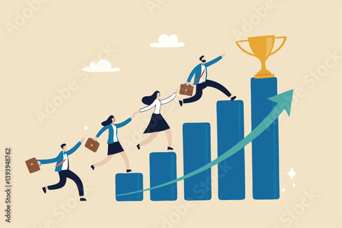 Growth to success, team achievement or teamwork to achieve target, career development or business strategy to win or victory, growing business concept, business people running up graph to trophy.