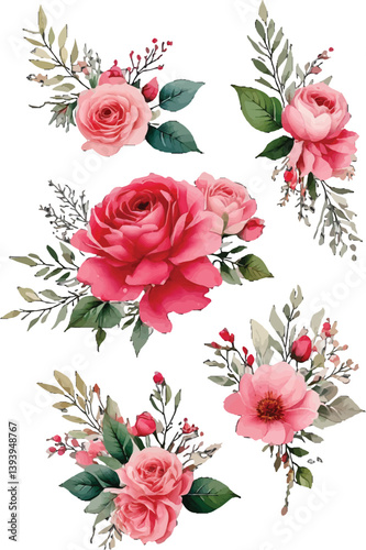 Fresh spring flowers with a mix of pink, red, and white blooms and leaves. Floral composition with elegant roses and anemones for a stylish design. Lush bouquet with soft pink and bold red flowers