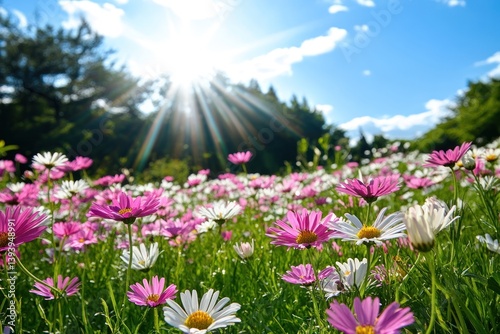 A field of pink and white daisies nature daisy sun.